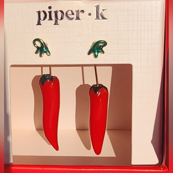 Piper K Red Chili Pepper Earrings with Vibrant Green Stem Top - Picture 1 of 6